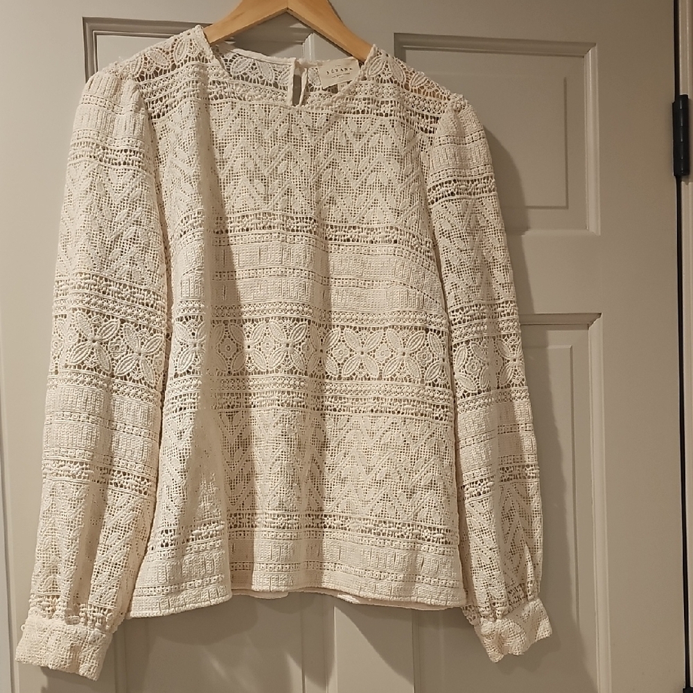 SEZANE Cream Blouse with Puff Sleeves and Mandarin Collar